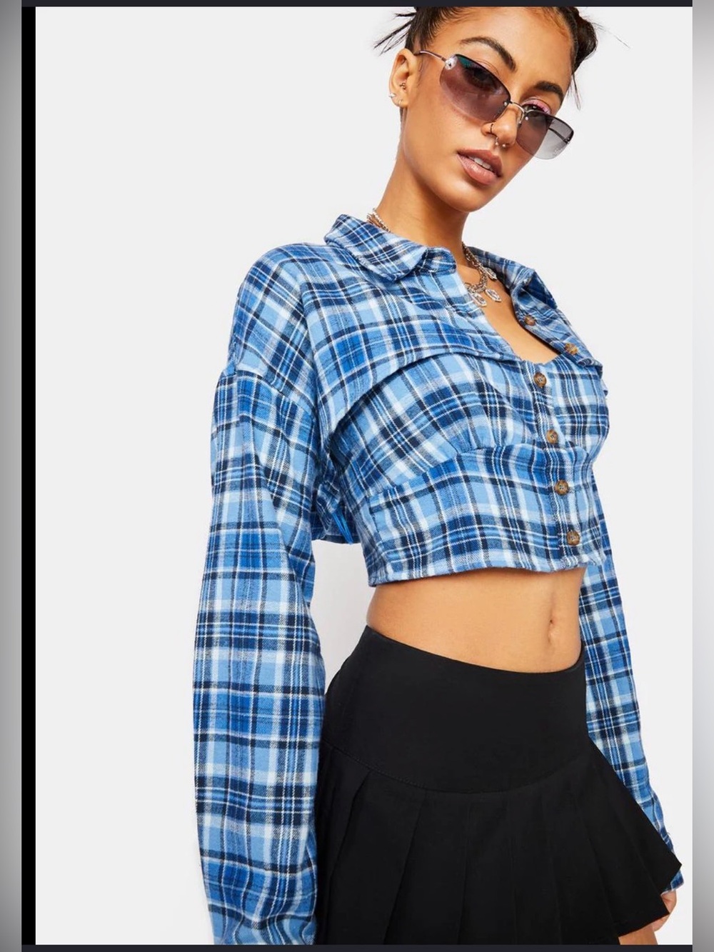 Women’s Le Lis 2pc Cropped Blue Plaid Top - M